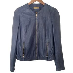 Massimo Dutti Blue Natural Leather Collarless Zip Up Moto Jacket • Size S ⬇️